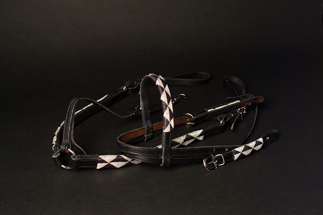 Headstall and Breastcollar set with black and silver beadwork on black leather