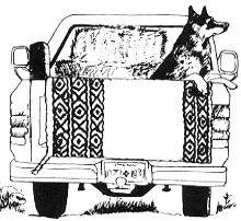 A drawing of a dog in the back of a pickup truck with a saddle blanket hanging over the tailgate.