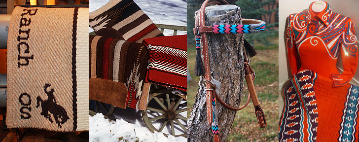 Several western saddle blankets and a beadwork headstall made by Christina Bergh Woolley.
